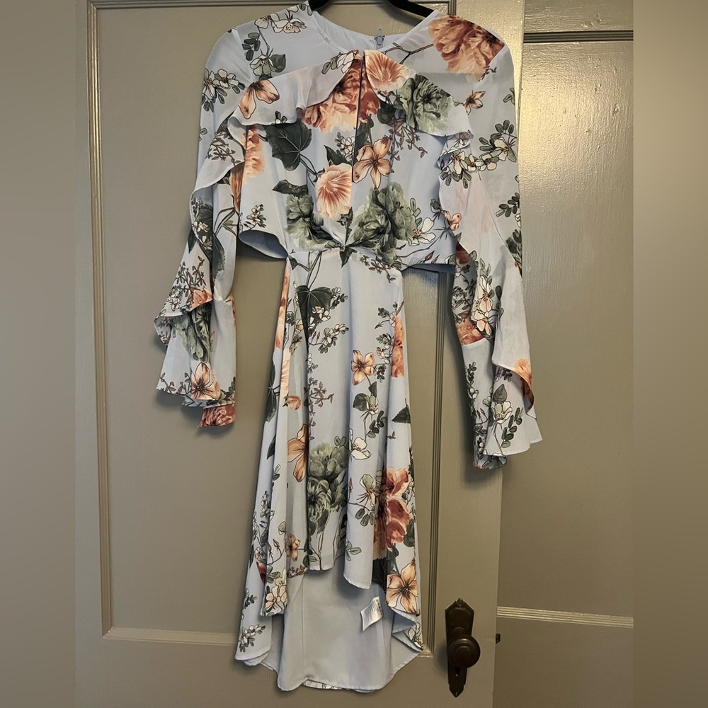 Bardot floral blue open back mini dress open sides keyhole front size M